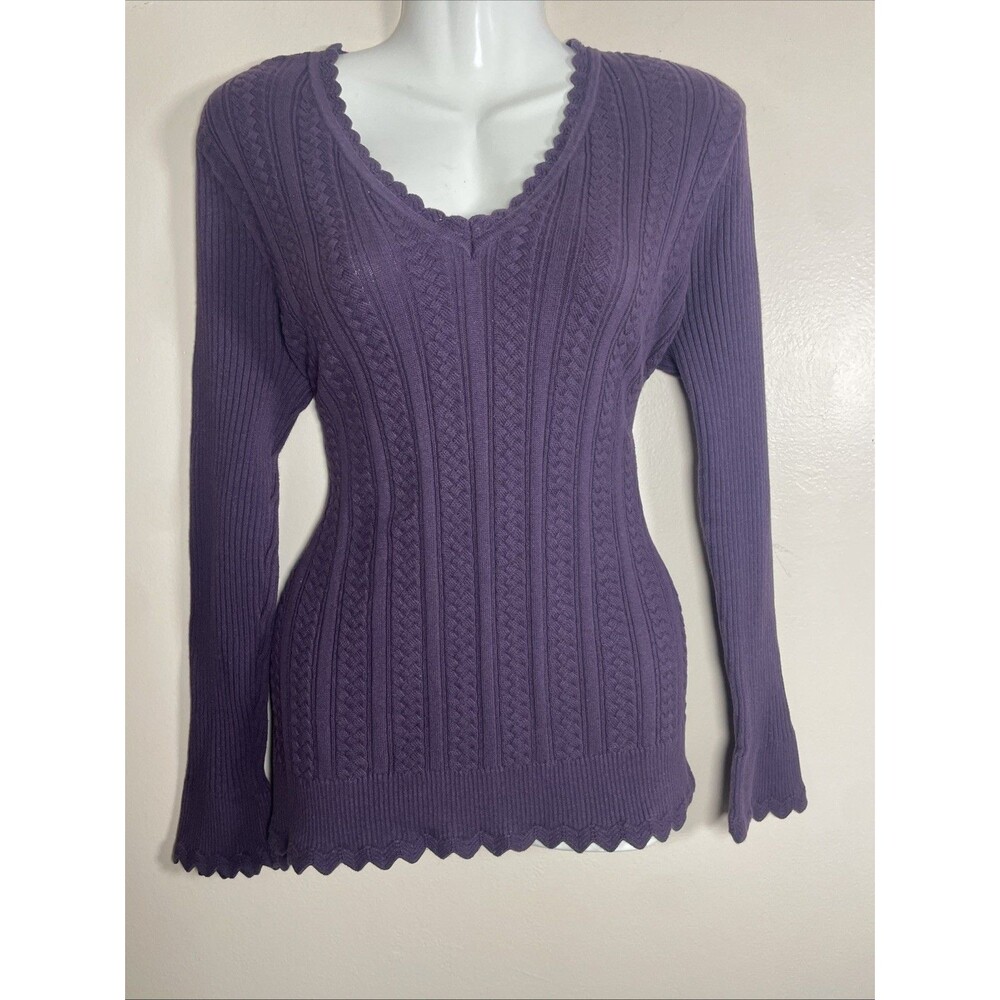 Jeanne Pierre Women’s Cable Knit Cotton Sweater – Large – Purple Scalloped Edge